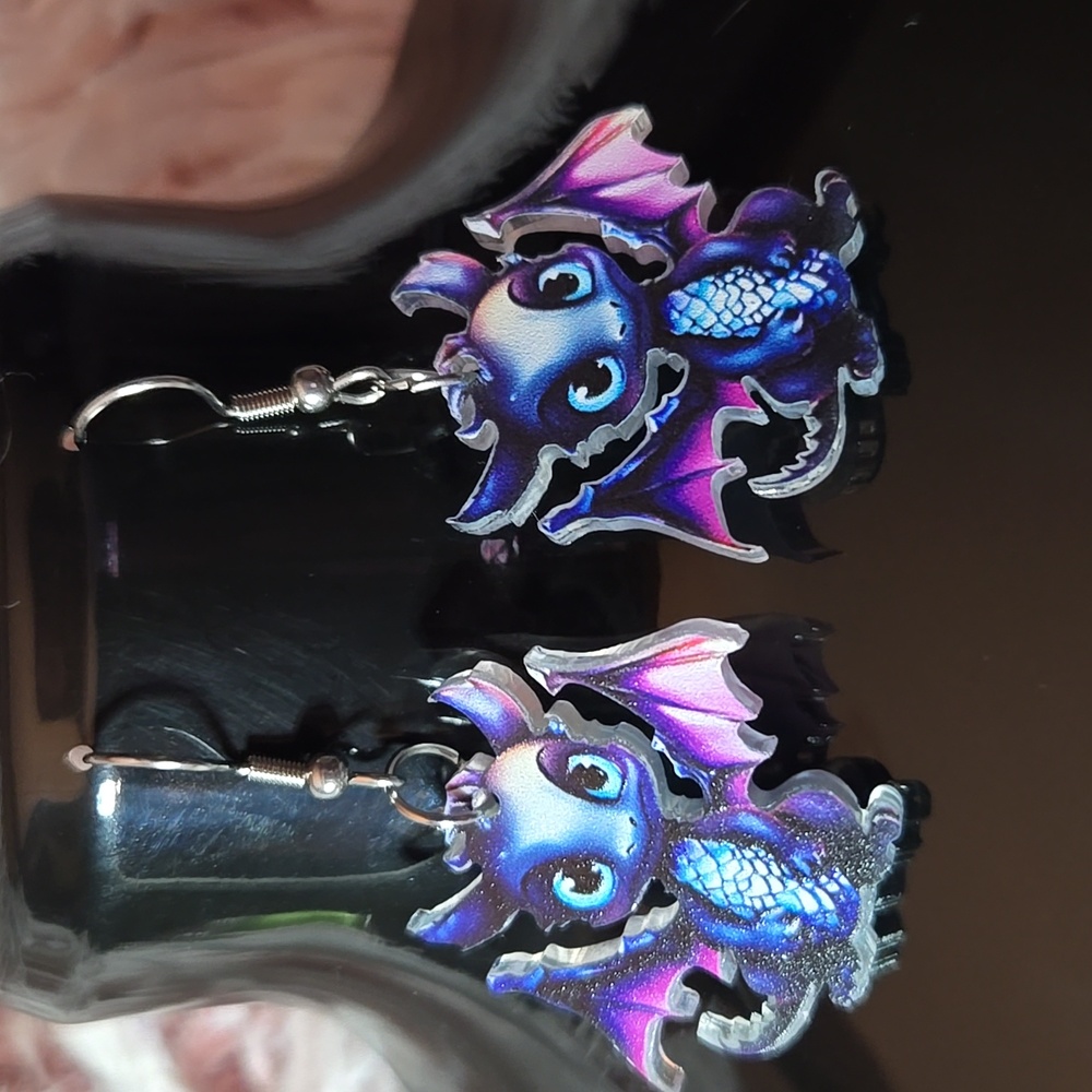 🧙 👻Charming Purple and Blue Whimsical Fantasy Baby Dragon Earrings HALLOWEEN - Picture 8 of 8